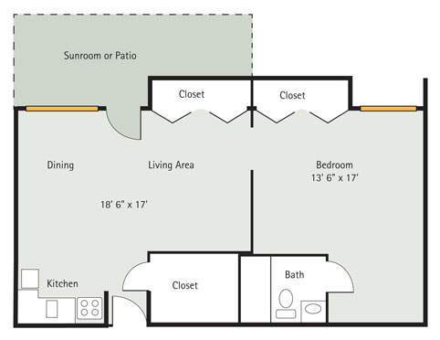Hickory 1 Bedroom Apartment Floorplan